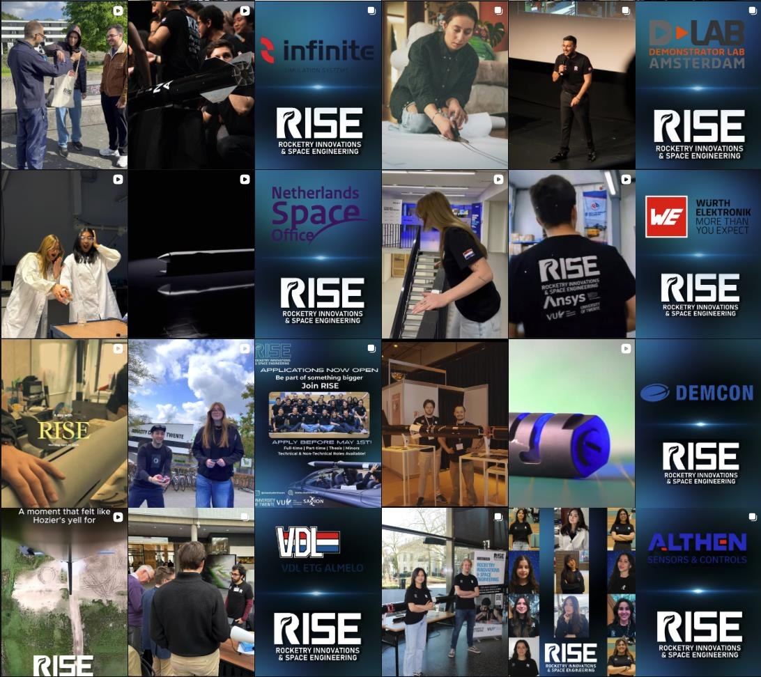 Grid of photos from the RISE team: engineers at work, sponsor partners, launch preparations